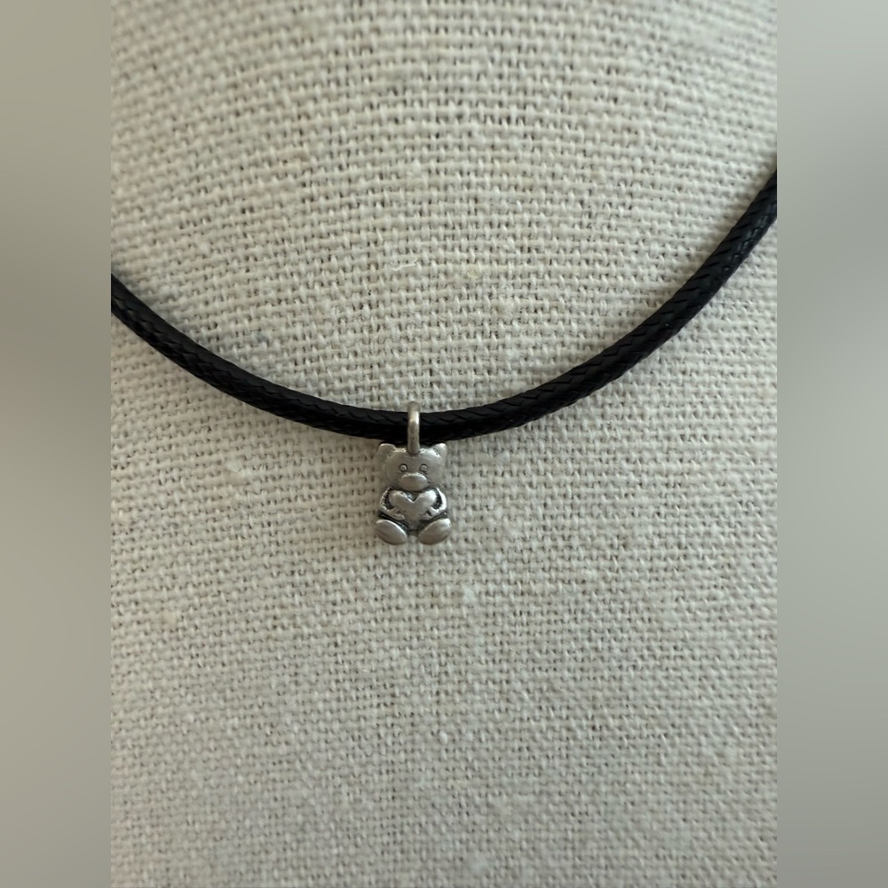 Elegant Black Necklace with Silver Pendant - tiny Teddy Bear
